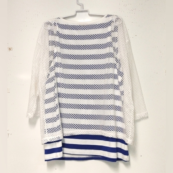 Ruby Rd top mesh over lay/blue &white horizontal strips boat neck tank S: XL - Picture 2 of 5